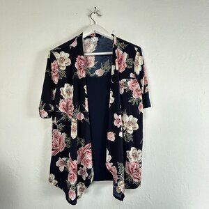 Naif Womens Floral Kimono Cardigan Sweater XL Navy Short Sleeve Stretch Casual